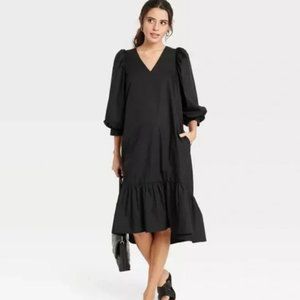 Puff Sleeve Ruffle Black Dress